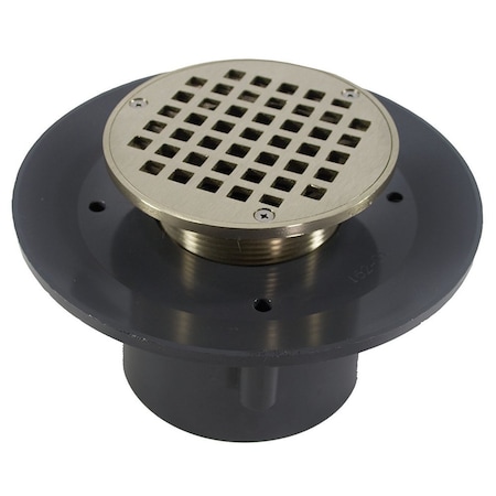 Jones Stephens 3in. x 4in. Heavy Duty PVC Slab Drain Base with 4in. Metal Spud and 5in. Nickel Bronze Strainer D49497